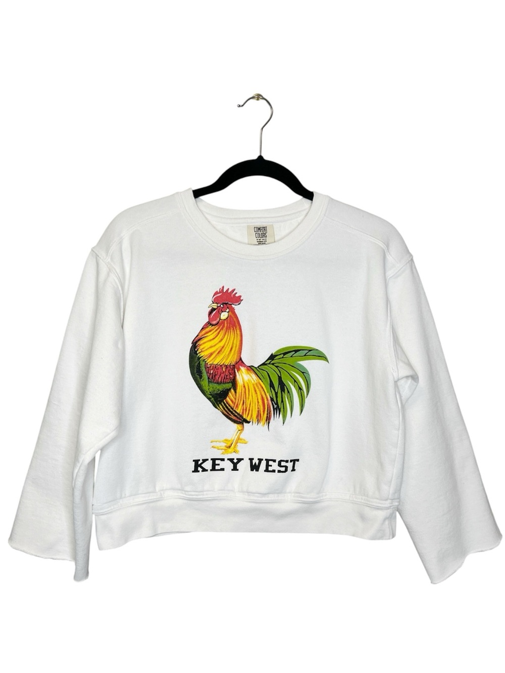 KEY WEST Iconic Rooster Print Cropped Wide Sleeve White Sweatshirt size Small